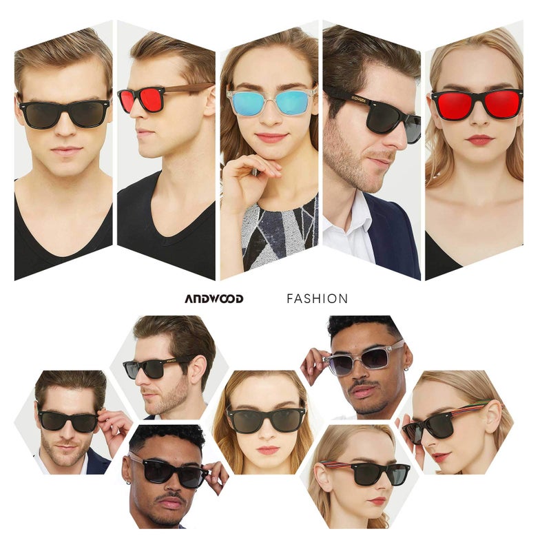 ANDWOOD Wood Sunglasses Polarized for Men Women Uv Protection Wooden Bamboo Frame Mirrored Sun Glasses Black Shades - Image 2